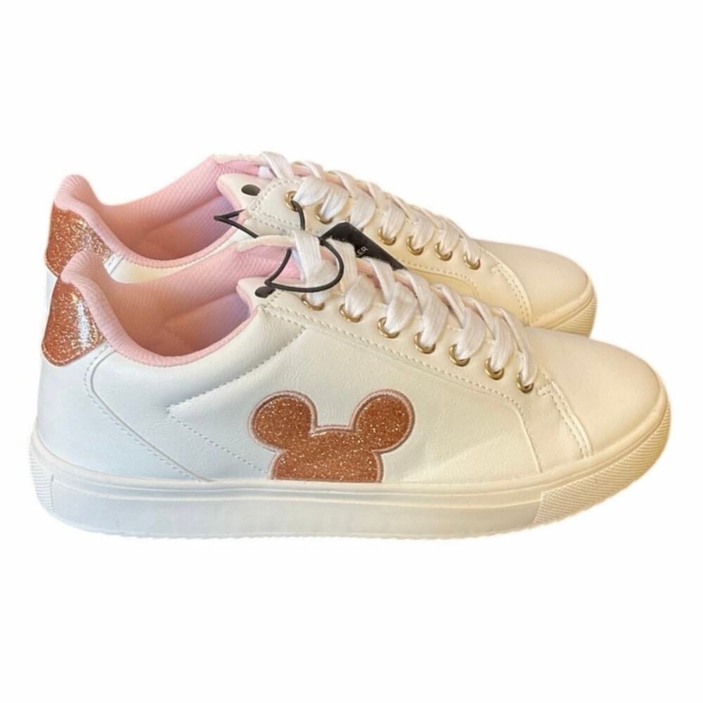 Disney Mickey Mouse Court Sneakers Womens 9 White Rose Gold Glitter NWT